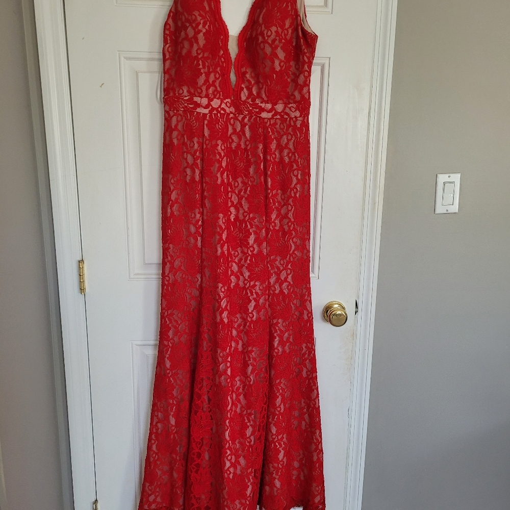Xscape Red Lace over Nude Gown.